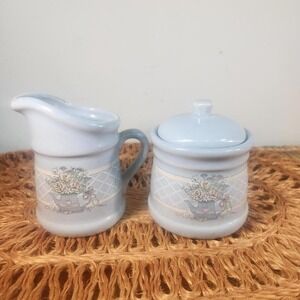 Vintage Ceramic Sugar Bowl & Creamer Set – Pastel Floral Cottagecore Kitchenware